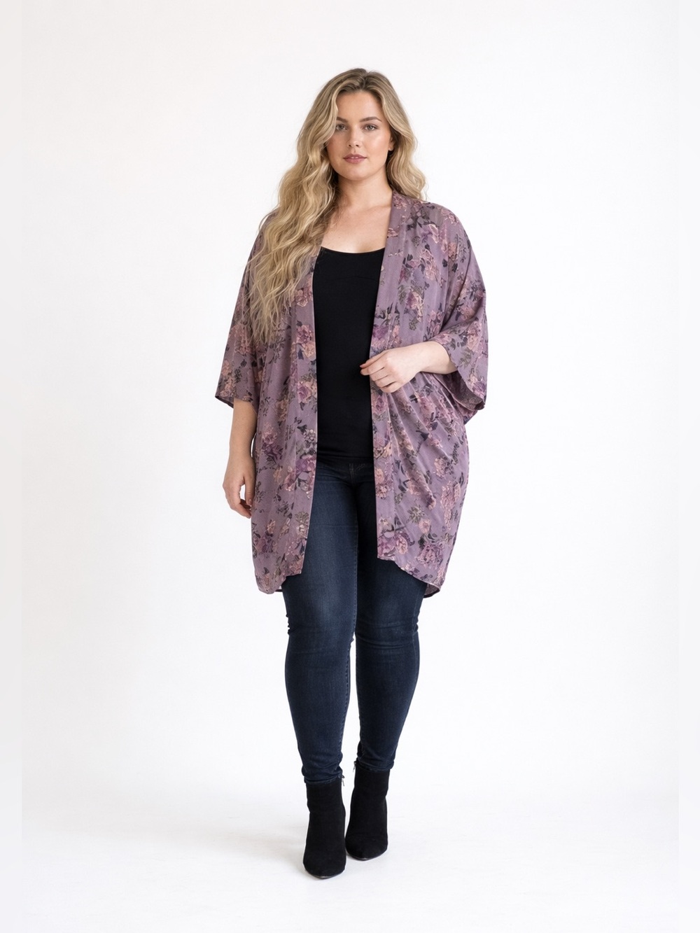 A New Day Floral Kimono Cardigan Duster Purple Gray Pastel Rose Whimsygoth Dark